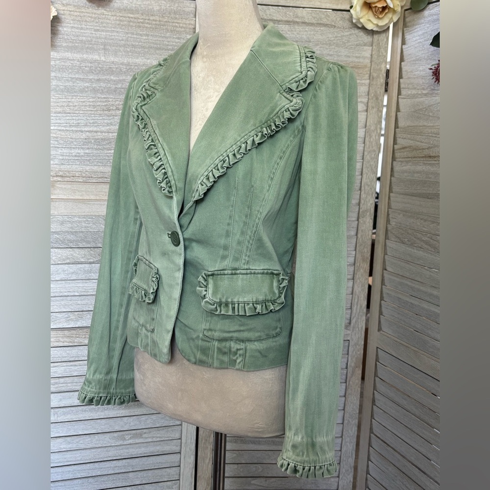INC Women’s SZ S Vintage Cropped Blazer w/Ruffled Collar/Pockets/Cuffs LightSage - Picture 2 of 16